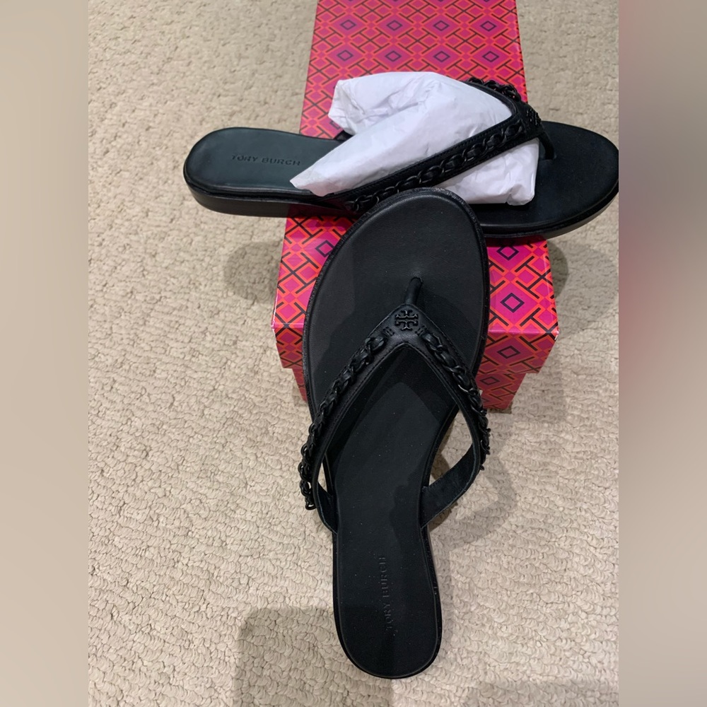 Tory Burch Black Braided Logo Toe-Post Sandals
